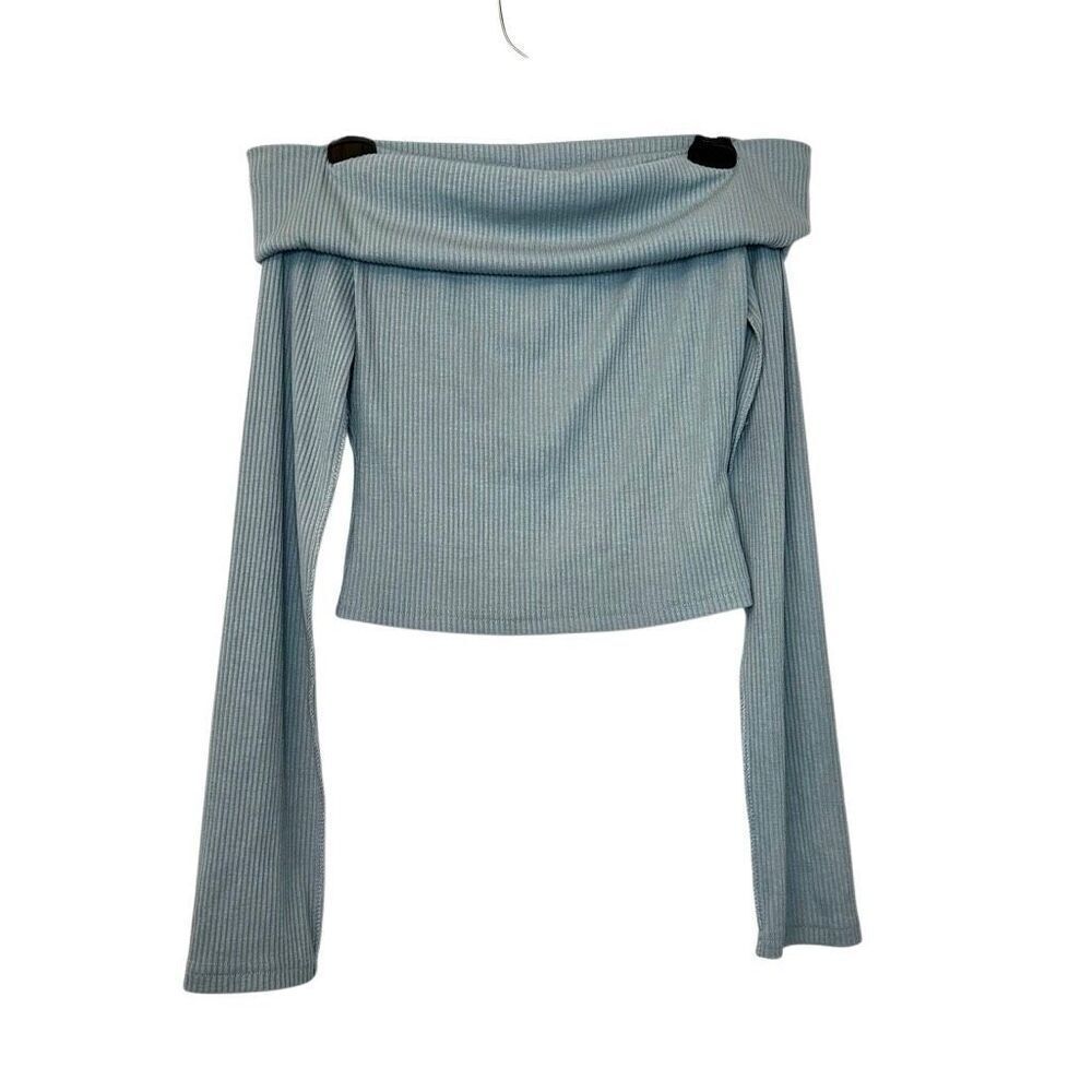 Dazy Foldover Off the Shoulder Long Sleeve Ribbed Cropped Top Blue Size Small